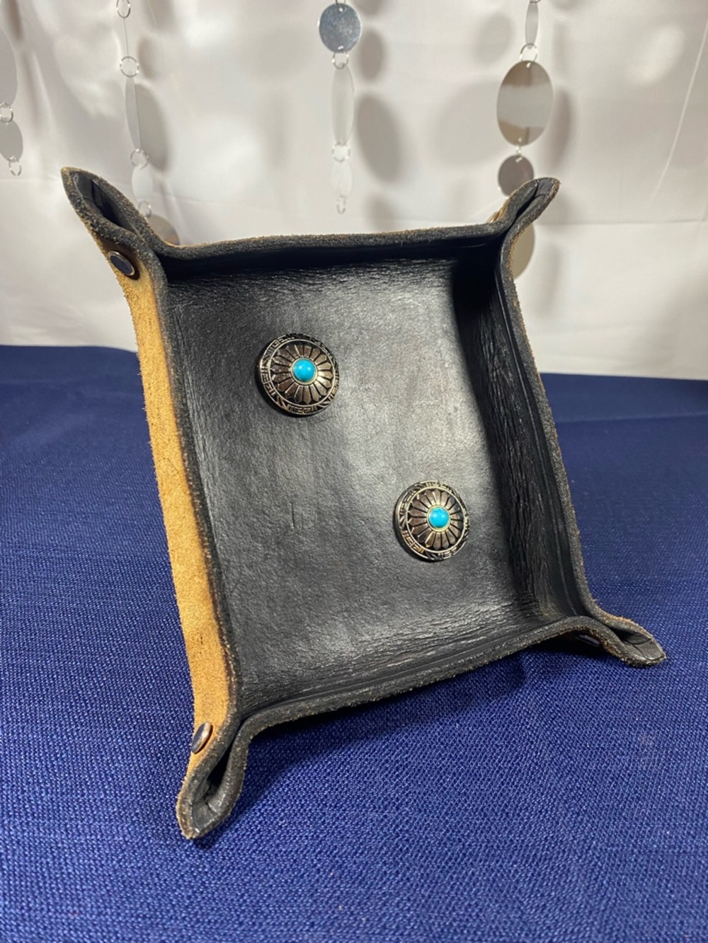 Leather Valet Tray with Turquoise Accent - Black & Tan